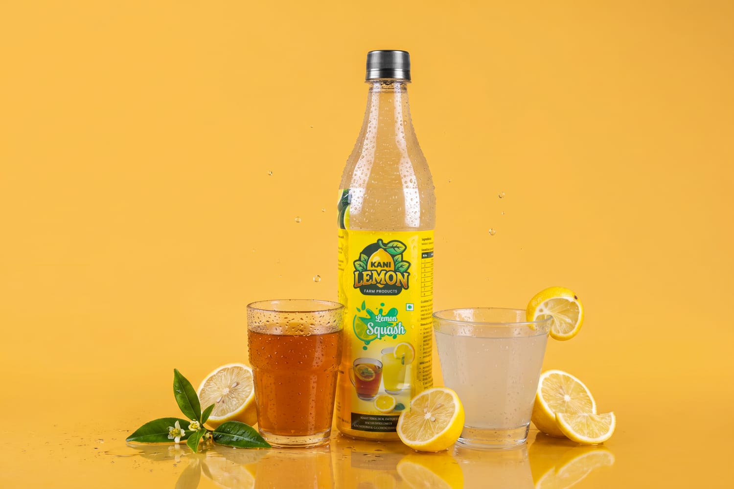 Kani Lemon Squash bottle with glasses of lemon drink and fresh lemons