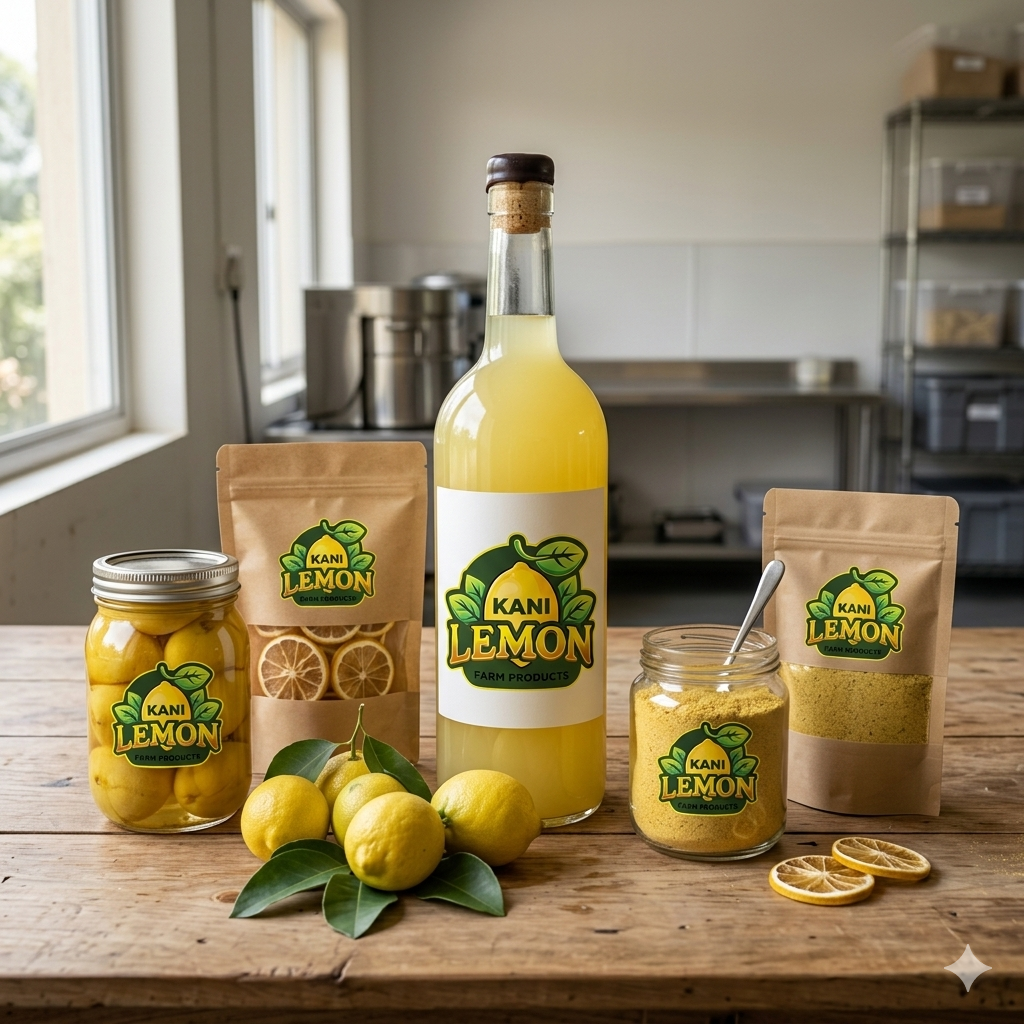 Kani Lemon bottles, jars, pouches and powder arranged with fresh lemons