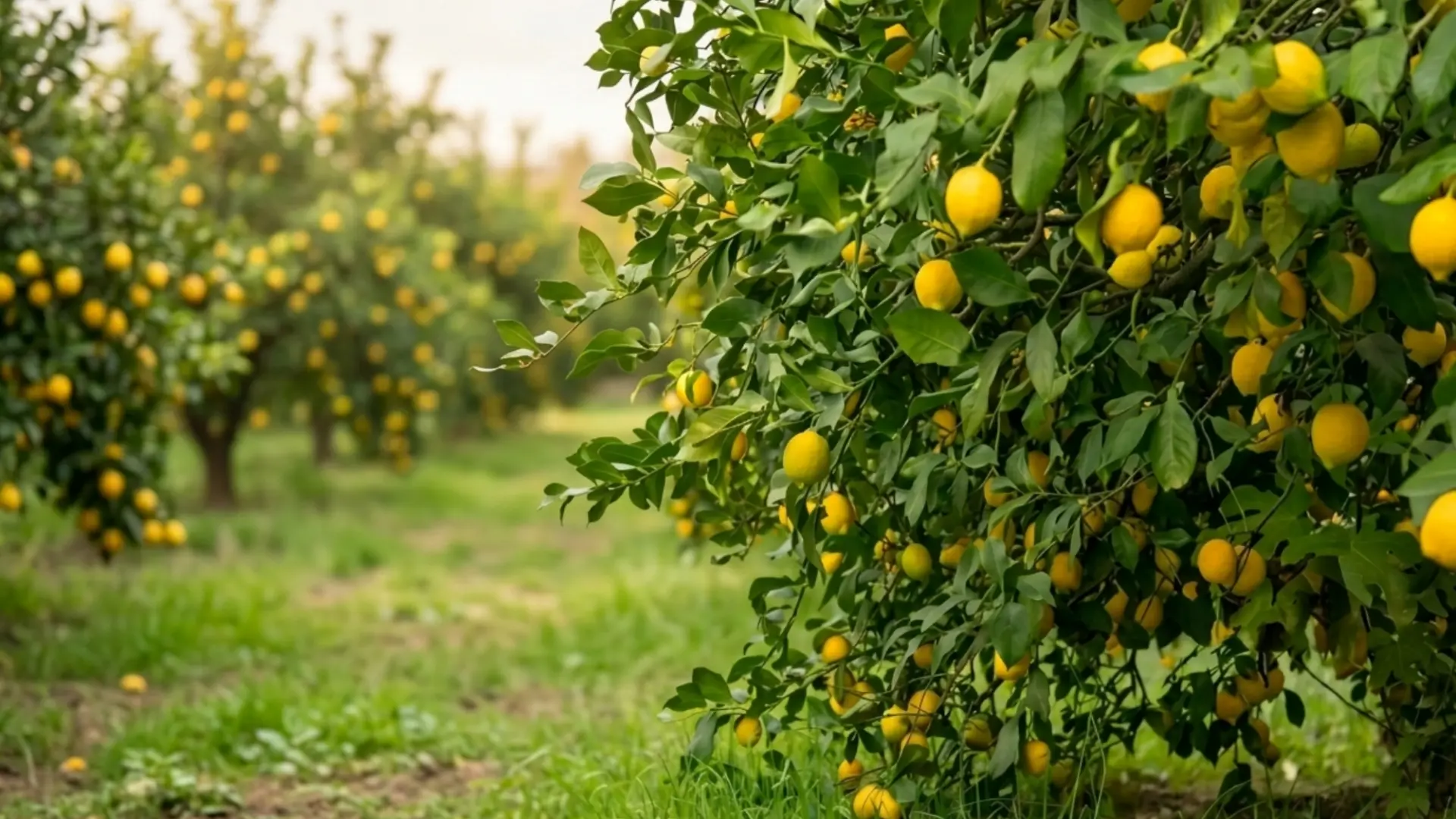 Lemon orchard with lemon trees laden with ripe yellow lemons in natural sunlight